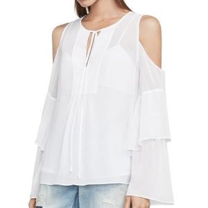 BCBG Max Azria Ruffled Cold Shoulder in White